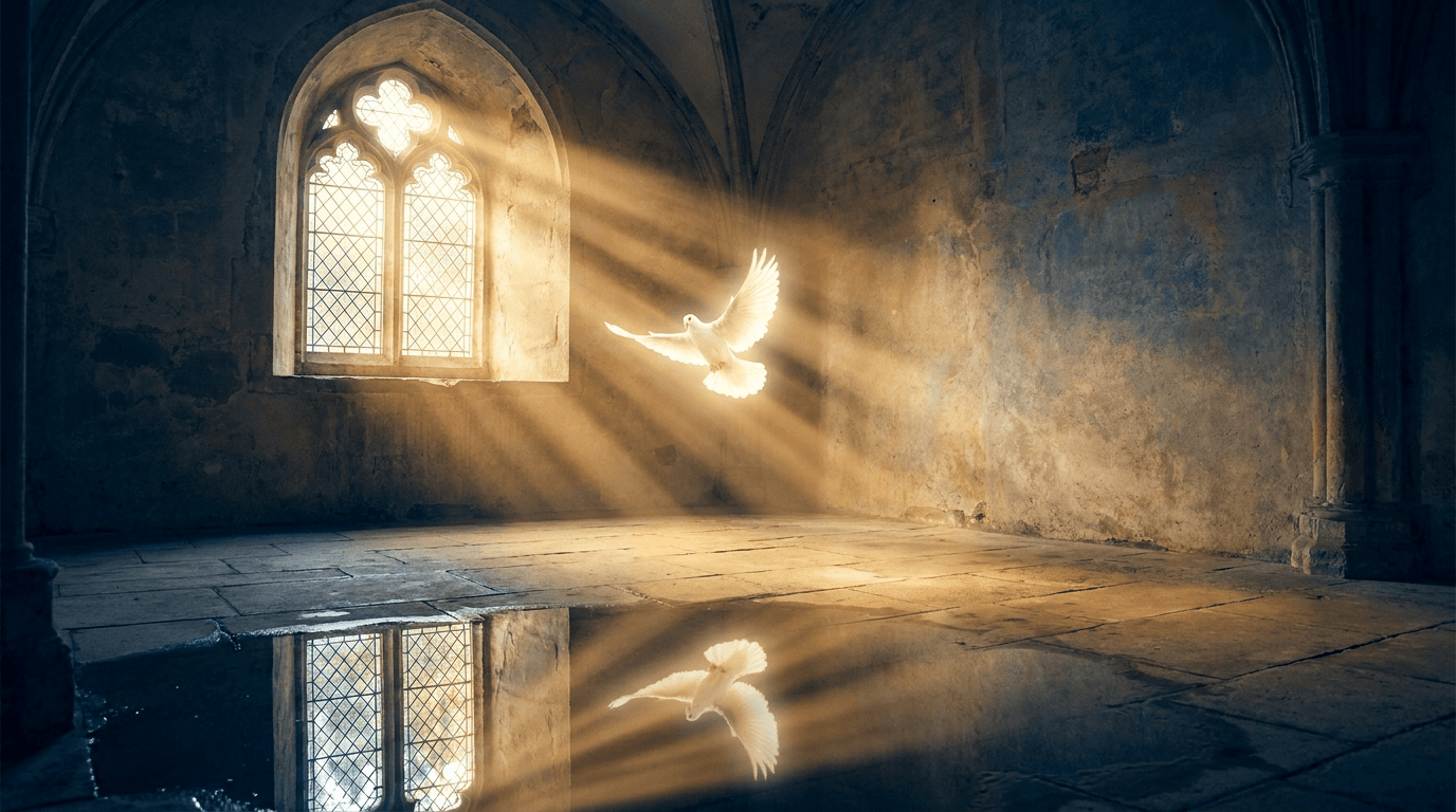 Rayos de luz dorada atravesando ventana de piedra antigua, paloma blanca en vuelo, atmósfera sagrada y luminosa