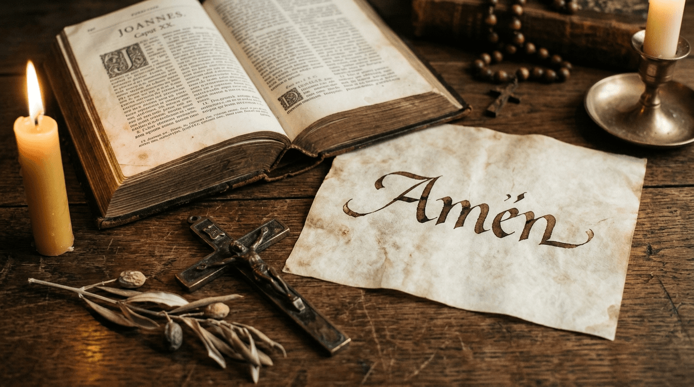 Biblia abierta con caligrafía de la palabra Amén sobre pergamino, crucifijo de latón y rama de olivo, fotografía editorial devocional